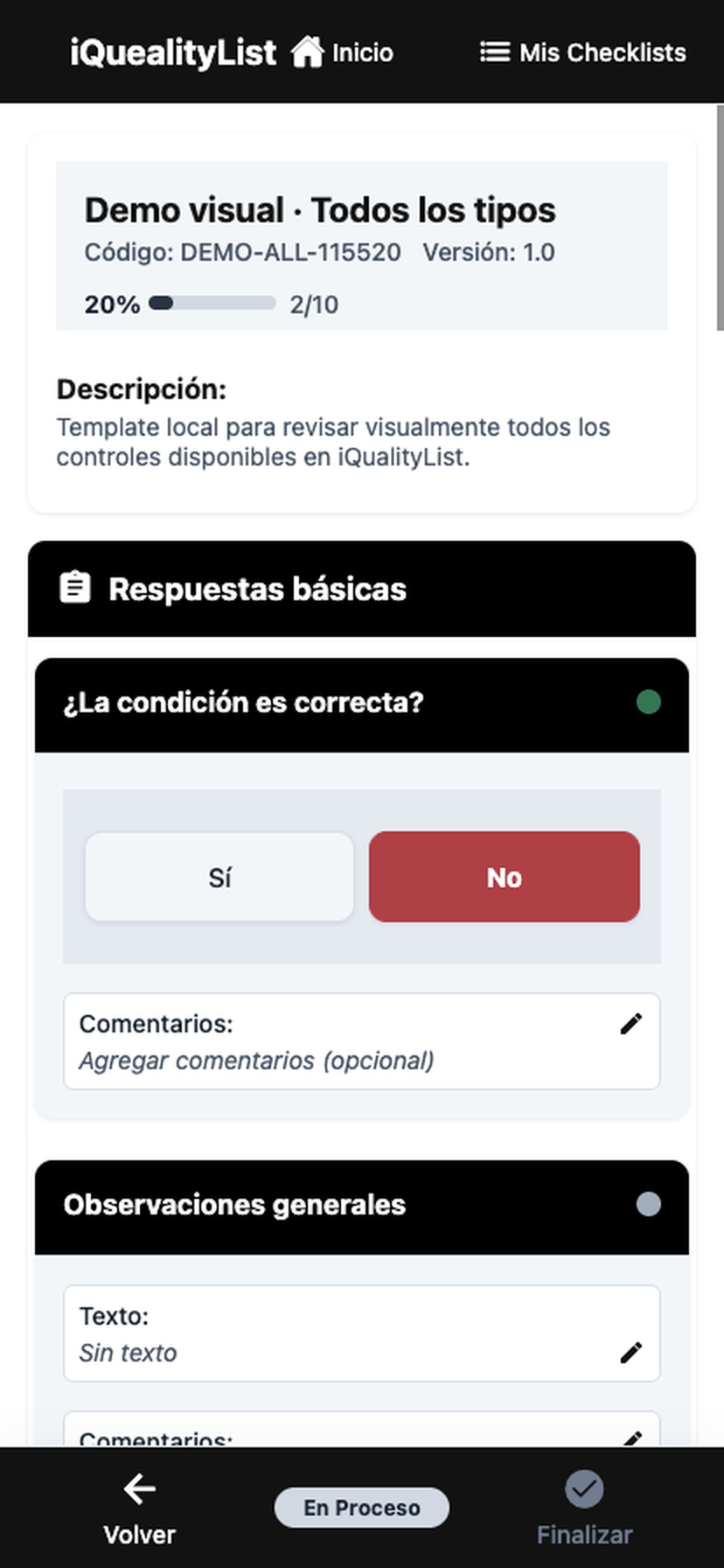 Aplicación móvil de iQualityList ejecutando un checklist con respuestas Sí/No y campo de comentarios.