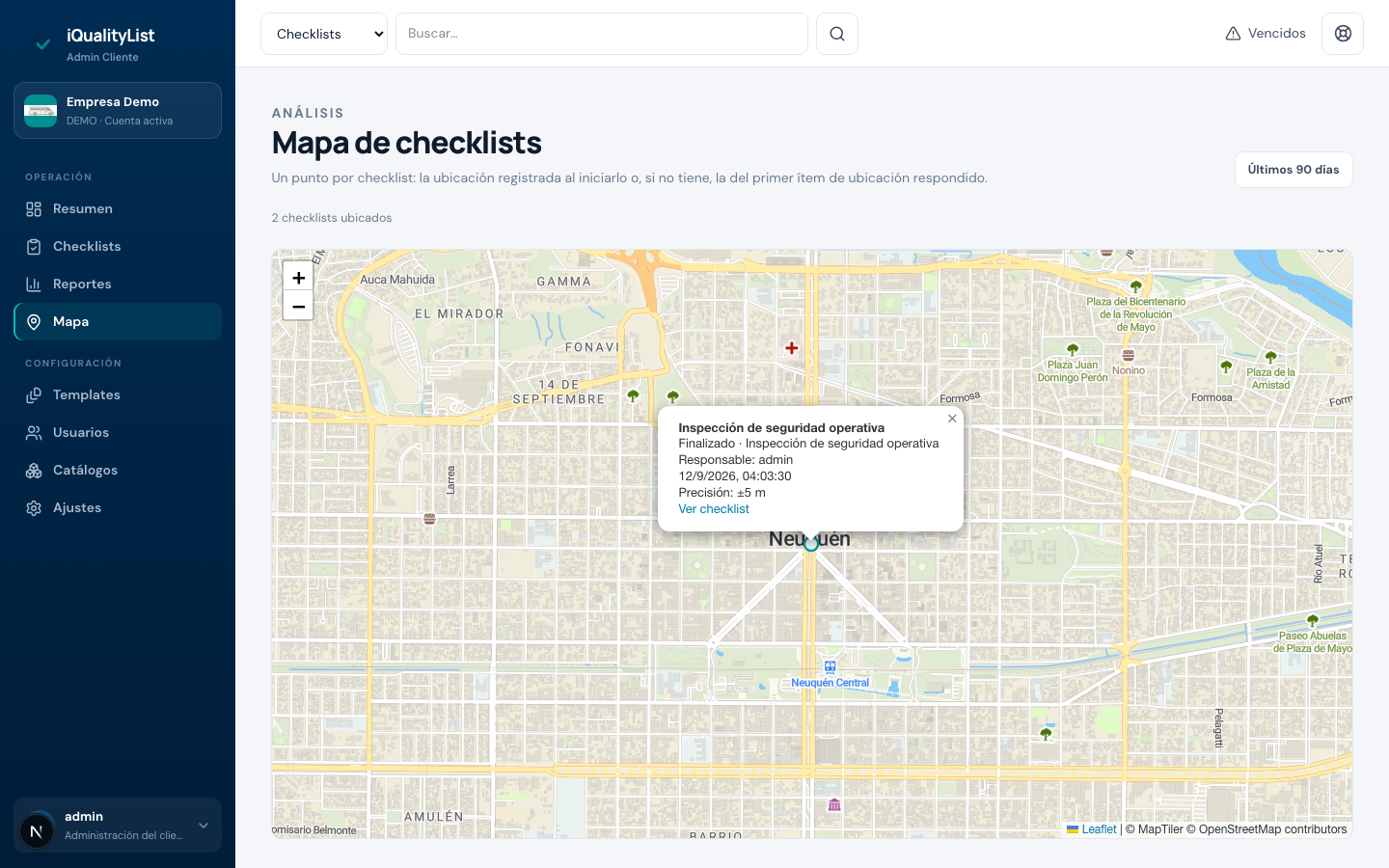 Mapa real de iQualityList en Neuquén con un checklist finalizado y acceso a su detalle